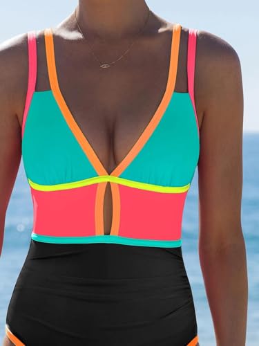 Image of popvil Women One Piece Swimsuit 2026 Tummy Control Sexy Cutout Neon Color Block Bathing Suit Slimming Adjustable Swimwear