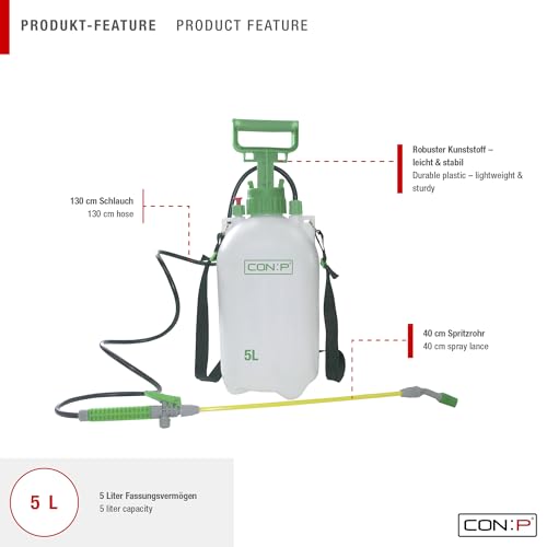 CON:P Gartensprüher 5 L Handpumpe - grün / weiß - aus hochwertigem Kunststoff - leichtgängige Pumpe - verstellbare Düse / Sprühflasche / Drucksprüher / Pumpsprühflasche / B45045