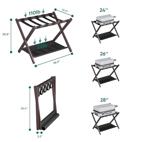 Smuxee Brown Bamboo Luggage Rack Pack of 2, Foldable Suitcase Stand with Storage Shelf, Easily Assembled Luggage Stand with 5 Nylon Straps for Guest Room Bedroom Hotel