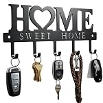 WIPHANY Entryway Wall Key Holder with 5 Hooks, Metal Key Rack Wall Mount for Keys, Bags and Leashes, Decorative Organizer for Entryway, Mudroom or Hallway, Sweet Home Design, 9.8 inches, Black