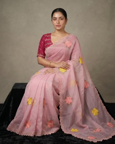 Image of Handcrafted Floral Embroidered Saree with Contrast Blouse