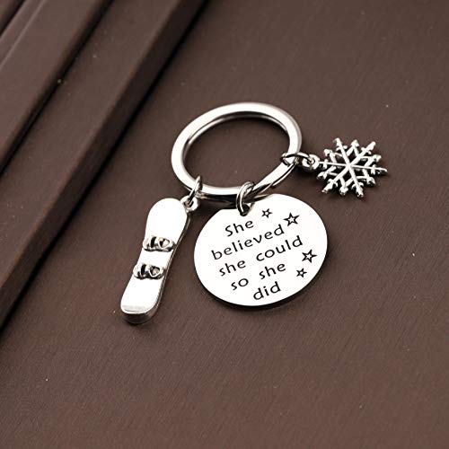 Image of CENWA Snowboarder Gift 3D Snowboard and Snowflake Pendant Snowboarding Keychain Snowboarder Team Gift She Believed She Could