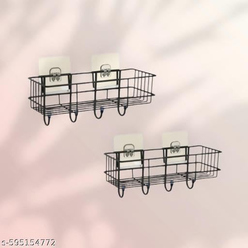 (Pack of 2) Steel Self-Adhesive Multipurpose Bathroom Shelf with Hooks/Towel Holder/Rack/Bathroom Accessories - Wall Mount - Pack of 2 (Black,Powder Coated)|BHR-P2459 1