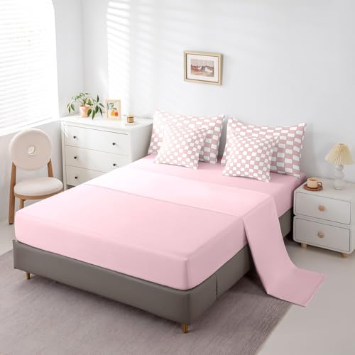 Image of Erosebridal White Pink Plaid King Comforter Set with Sheets 7 Piece Light Pink Checkerboard Bedding Set for Kids Girls Teen,Checkered Grid Bed in A Bag Modern Aesthetic Geometric Bed Set