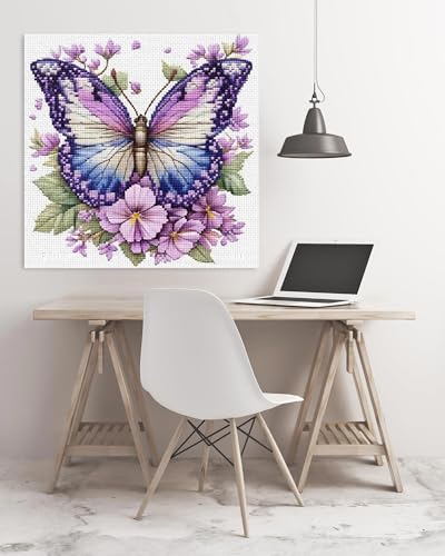 Image of askkqtx Butterfly Stamped Cross Stitch Kits for Adults 14x14 Inch | Flowers 11CT Needlepoint Counted Cross Stitch Kits for Beginner, Printed Embroidery Kit Art Craft for Home Wall Decor Gift