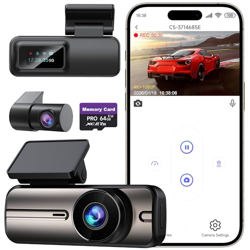 Dash Cam Front and Rear 4K+1080P 5GHz WiFi Dual Dashcam with 64GB Card App Control G-Sensor Emergency Recording Loop Recording 24H Parking Mode Supports Dash Camera for Cars