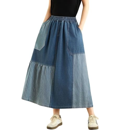 chouyatou Women's Retro Color Block Denim Skirt Striped Splicing Elastic High Waist A Line Midi Jean Skirt