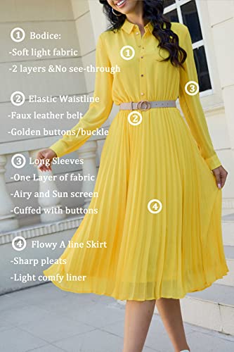 Image of Business Casual Shirt Dress for Women Long Sleeves Pleated Midi Dresses with Belt
