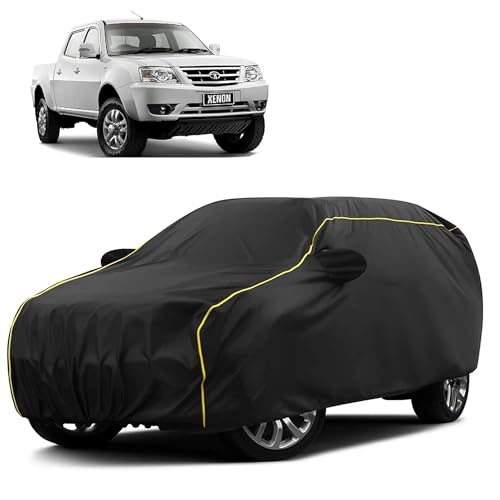 Image of Sulfar 100% Water Resistant Car Body Cover Compatible with Mirror for Tata Xenon (Triple Stitched, Full Bottom Elastic, Black Taffeta with Yellow Piping)
