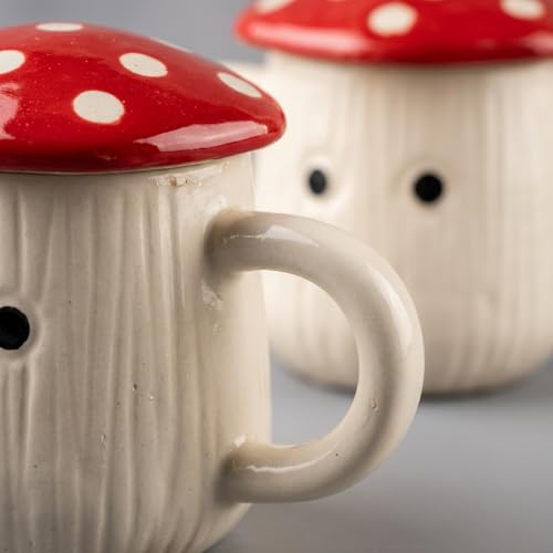 Image of Red Mushroom Ceramic Mugs with Lid Set of 2 | 300ml Coffee Tea Cups Polka Dot | Microwave Dishwasher Safe | Valentine Couple Gift | Home Decor Kitchen Dining Handmade India