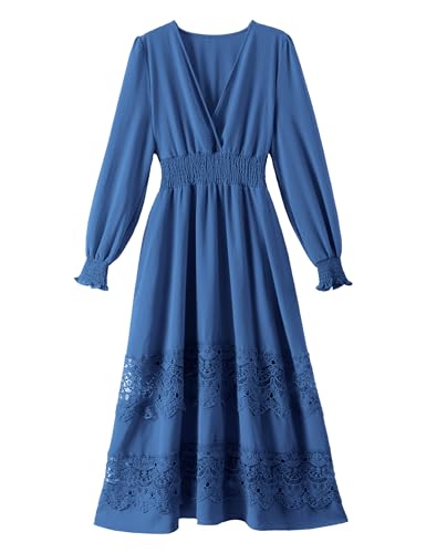Image of Olaesa Long Sleeve Boho Maxi Dress for Women Lace Wedding Guest Dress | Spring Fall Bohemian Dress, Long Flowy Family Photo Dress with Pockets, V Neck Long Western Vacation Outfits