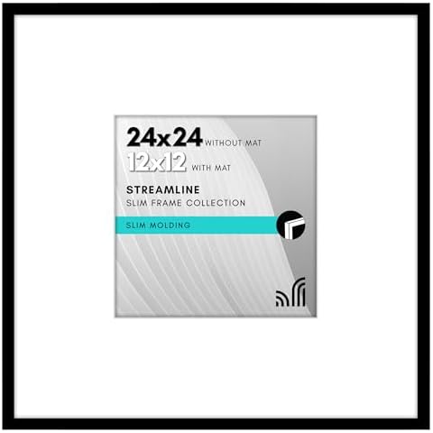 Americanflat 24x24 Picture Frame with Polished Plexiglass - Use as 12x12 Frame with Mat or 24x24 Frame Without Mat - Streamline Collection - Thin Square Picture Frame for Wall Display - Black Cover