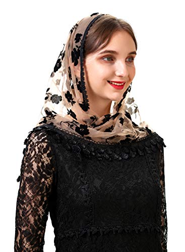 PAMOR Triangle Lace Veil Mantilla Cathedral Head Covering Chapel Veil for Mass Wedding Bridesmaids (Beige and Black)
