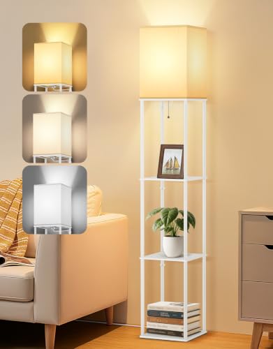 Image of OUTON Floor Lamp with Shelves, Modern Square Standing Shelf Lamp, White | 3 Color Temperature Bulb, Storage Display Wood Column Tall Bookshelf Lamp for Living Room, Bedroom Office