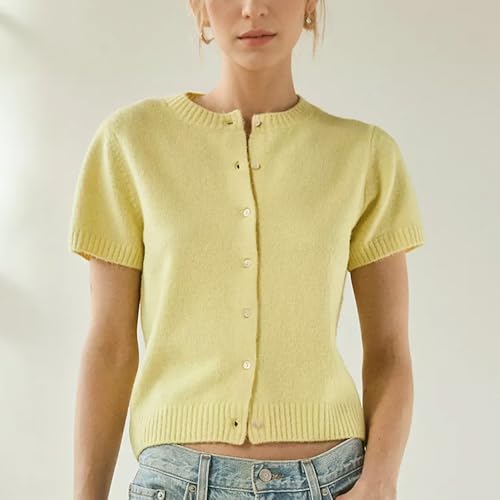 Womens Short Sleeve Cardigan Button Down Sweaters Knitted Casual Solid Color Outerwear Lightweight Cropped Tops3