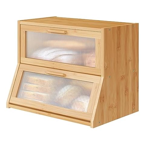 Vriccc Bread Box for Kitchen Counter, Large Bamboo Wooden Double Layer Large Capacity Bread Storage Bin with Acrylic Wavy Door Panel (Natural) Cover