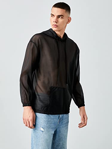 WDIRARA Men's Sheer Mesh See Through Drawstring Long Sleeve Hoodie with Pockets4
