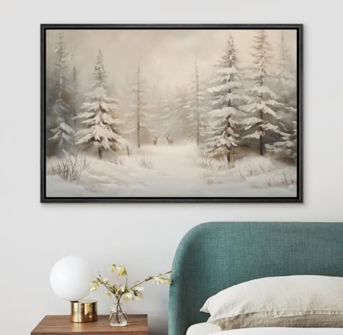 Framed Vintage Winter Forest Canvas Wall Art – Rustic Snowy