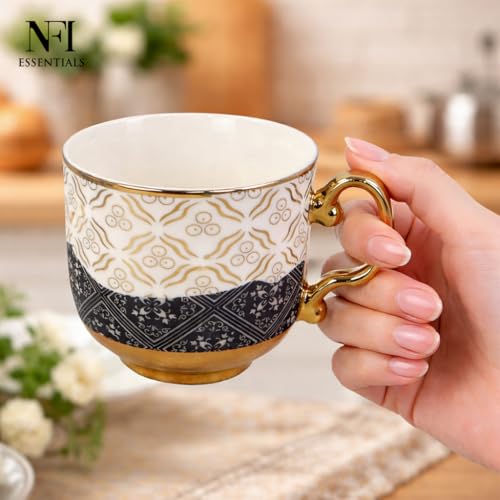 Image of NFI essentials Ceramic Cup & Saucer Set of 6 Pcs, Tea /Coffee Cup, Microwave & Dishwasher Safe, Premium Mug Perfect for Daily Use, Office, Gifting Elegant Golden Color Design 200ML