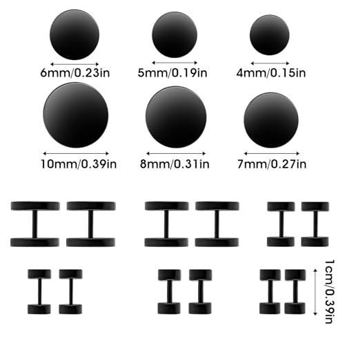 6 Pairs Black Stud Earrings for Men Women Faux Gauges Earring Fake Earrings Stainless Steel Stud Earring, 4-10mm2