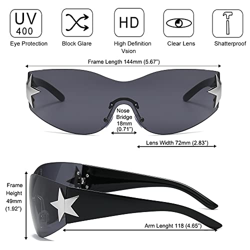 Y2K Sunglasses for Women Men, 2000s Fashion Shield Wrap Around Y2K Glasses Rimless Oversized One Piece Lenses4