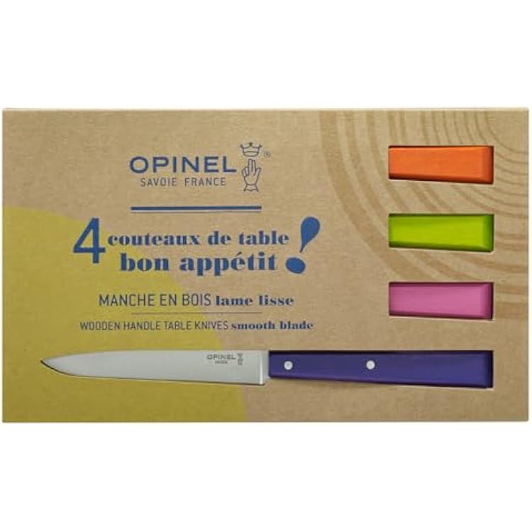 OPINEL No. 125 Table Knives, 4 Piece Set, High Carbon Steel Dinner Knives for Parties, Entertaining, or Everyday Use, Painted Hornbeam Handles, Made in France (POP)