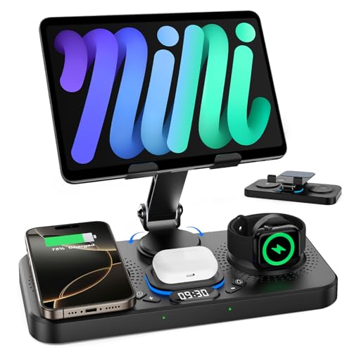30W Charging Station for Apple Products, Foldable Wireless Charger with Clock Display&7 Color Light...
