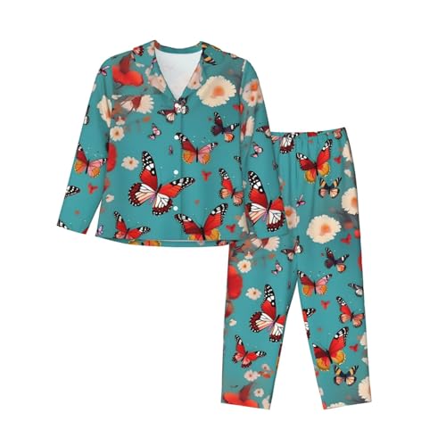 Pyjama femme manches longues imprimé fleurs et papillons pour s'endormir sereinement