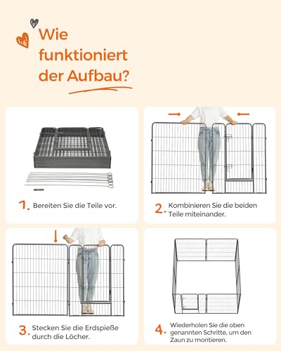 Feandrea Freilaufgehege, Laufstall DIY, mit 8 Gitterplatten je 77 x 100 cm, 2 L-förmige Riegel, transportabel, für innen und außen, Haustiere ohne Halsband, grau PPK81G