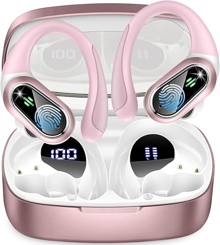 Auriculares Inalambricos Deportivos, Auriculares Bluetooth 5.3 con HD Mic y Reducción de Ruido ENC, 50H Cascos Inalambricos Bluetooth HiFi Estéreo, Pantalla LED, IP7 Impermeable Cascos Running, Rosa