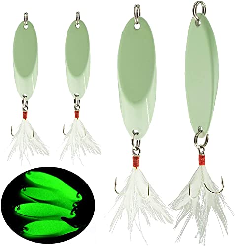 JSHANMEI Noctilucent Luminous Fishing Lures Metal Hard Bait Night Glow Sea Fishing Hard Baits Spoon Sequins with Feather Treble Hook (5g (Pack of 5))