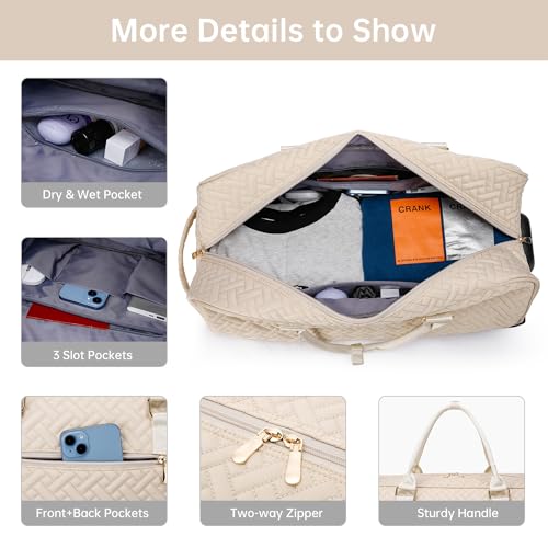 Image of Duffle Bag for Travel, Weekender Bag with Shoe Compartment, Carry On Overnight Bag for Women Gym Bag, Beige-rolling version