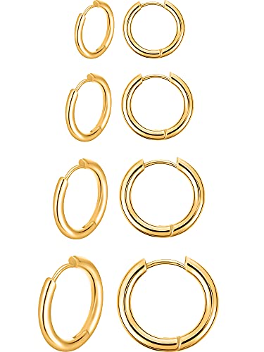 Boao 4 Paires Boucles d'Oreilles Créoles en Acier Inoxydable Boucles d'Oreilles Cercles Cartilage Anneaux de Nez Lèvres (12 mm, 14 mm, 16 mm, 18 mm, Or)