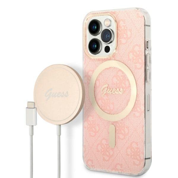 GUESS Bundle GUBPP13XH4EACSP Coque et Chargeur iPhone 13 Pro Max Coque Rigide Rose Impression 4G