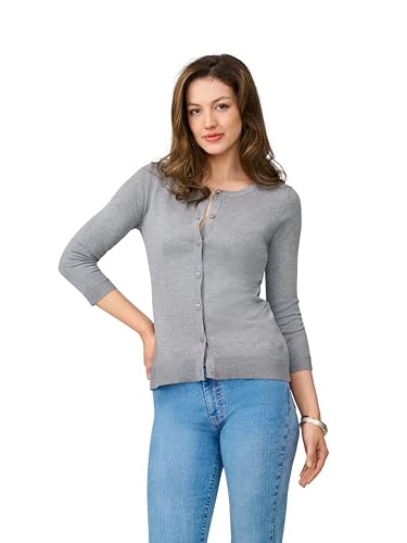 Cable & Gauge Women's Lady Button Front Cardigan Lightweight Button-Up Sweater, Crew Neck, 3/4 Sleeve, Versatile Layering Top