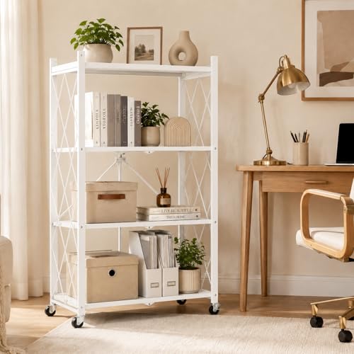Image of 4 Tier Foldable Metal Storage Shelves on Wheels No Assembly | heavy-duty shelf unit for Kitchen, Garage, Pantry, Basement, Bookshelf, White