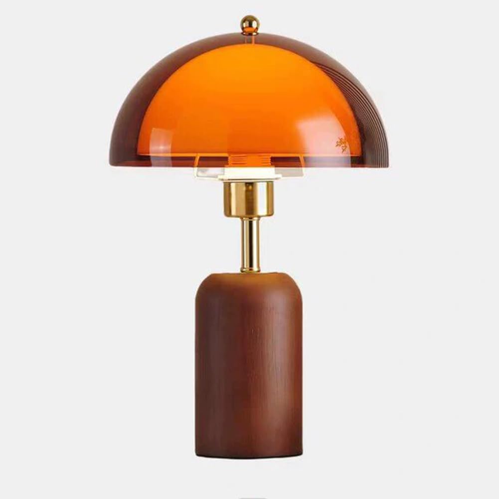 Lampa Stołowa LED w Kształcie Grzyba, Drewniana, z Pilotem, z Regulacją Jasności, z Przełącznikiem i Wtyczką, Lampa Grzybkowa w Stylistyce Retro, z Akrylowym Kloszem, Lampka Dekoracyjna
