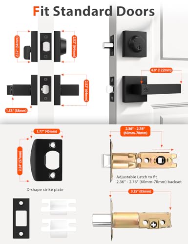 Image of Tinewa 4 Pack Square Keyed Alike Front /Exterior Door Levers with Single Cylinder Deadbolt, Flat Black Entry Door Knob Lock Sets with Deadbolt Combination Sets, for Entrance /Front and Office Doors