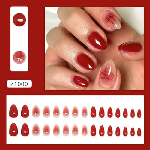 Image of Red Press on Nails Bow Fake Nails Short Almond False Nails with Design Glossy Glue on Nails Reusable Artificial Acrylic Nail Full Cover Ombre Stick on Nails for Women Girls Nail Decoration 24Pcs