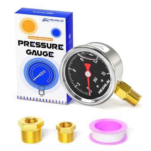 MEANLIN MEASURE 0~15Psi Stainless Steel 1/8" NPT 1.5" FACE DIAL, Glycerin Filled Pressure Gauge, Liquid Filled, Lower Mount(Black) with 1/4" NPT and 3/8" NPT Hex Bushing