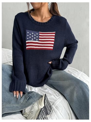 Image of SweatyRocks Women's Flag Pattern Long Sleeve Round Neck Sweater Casual Loose Pullover Sweater