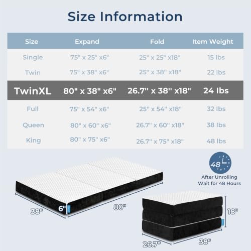 Image of Odorless Foldable Mattress Twin XL 80 inch x 38 inch x 6 inch, 6 Inch Medium Folding Foam Mattress with Storage Bag, Fiberglass Free Trifold Memory Foam Mattress for RV, Guest Bed