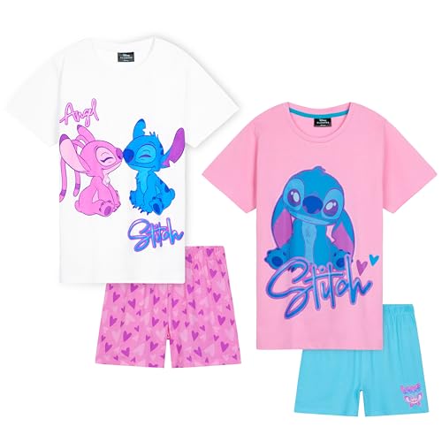 Disney Stitch Ensemble de Pyjama avec T-Shirt et Short Fille, Douce et Respirant Vêtement de Nuit Pyjamas Été, Cadeau Fille (Rose/Bleu - Lot de 2, 6-7 Ans)