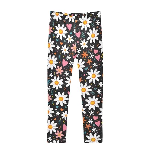 White Chrysanthemum Floral Love Heart Girls Leggings Ultra Soft Compression Yoga Gym Pants for Kids 4-10T