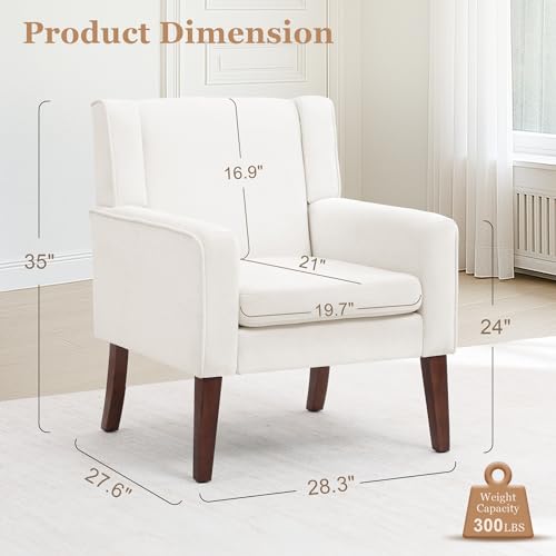 Image of Accent Chairs for Living Room, Mid-Century Reading Chair with Wood Legs, Upholstered Comfy Living Room Chair for Bedroom, Apartment, Waiting Room, Beige