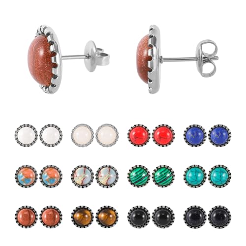 JUSTJANDM 12 Pairs Multi Gemstone Stud Earrings Stainless Steel Turquoise Tiger Eye Onyx Lapis Lazuli Malachite Stone Stud Earrings Set for Women (Silver 10mm) by JUSTJANDM - Used condition - Image 3