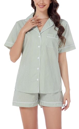 Image of LUBOT 100% Cotton Pajamas for Women 2 Piece PJ Set Poplin Woven Lightweight Ladies Button Short Sleeve Sleepwear S-XXL