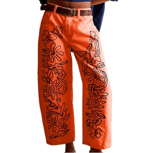YSW Embroidered Mid Rise Jeans for Women Baggy Boyfriend Jean Boho Barrel Horseshoe Vintage Pants