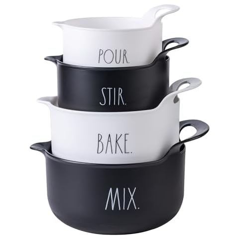 Rae Dunn Non-Slip Mixing Bowls - 4 Piece Nesting Plastic Mixing Bowl Set with Pour Spouts and Handles-Measurement Markings (Black) Cover