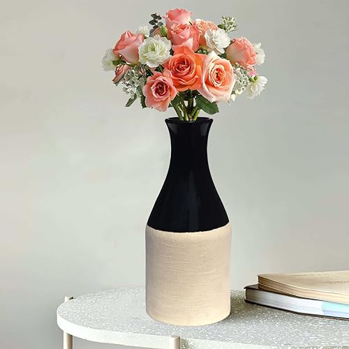 Image of Pure Source India Handcrafted Black Ceramic Bottle-Shaped Flower Vase (8 Inches) for Home Decor, Living Room, Gifting, Decorative Small Vase (Flower NOT Included)